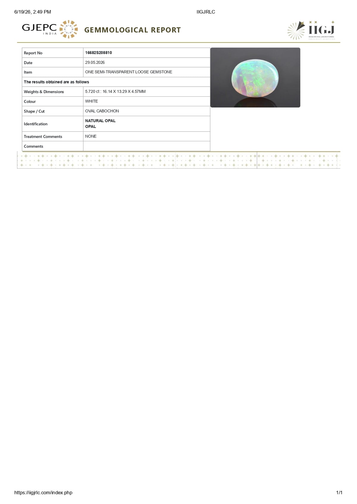 White Opal With Fire 5.72 Carats / 6.29 Ratti