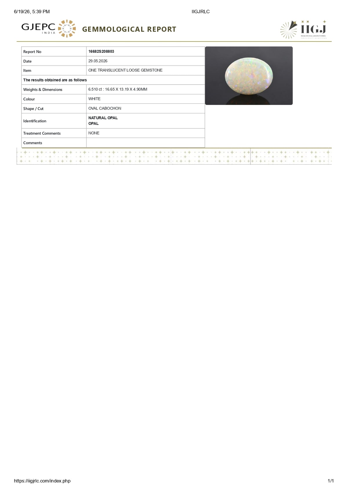 White Opal With Fire 6.51 Carats / 7.15 Ratti