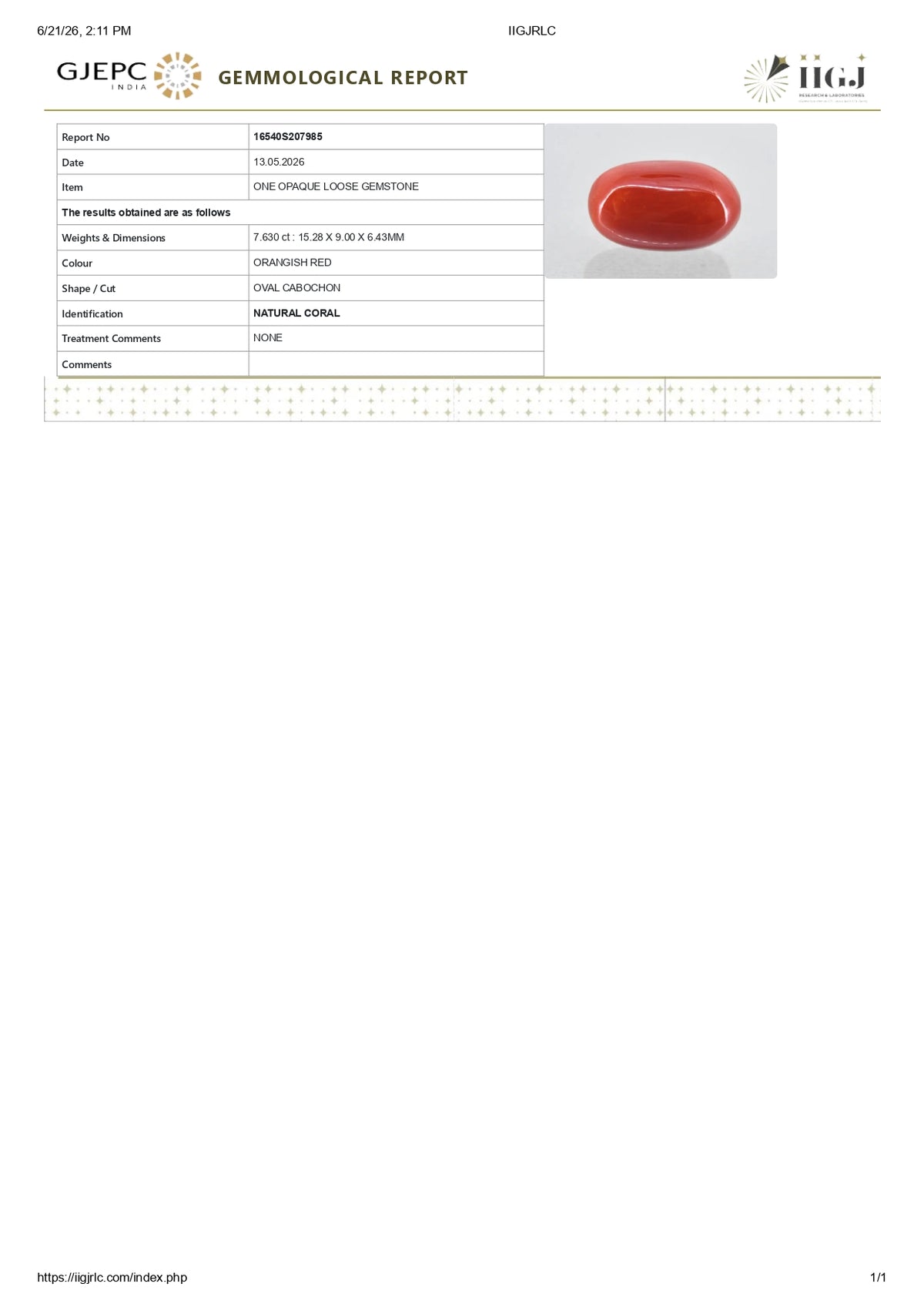 Italian Red Coral 7.63 Carats / 8.38 Ratti