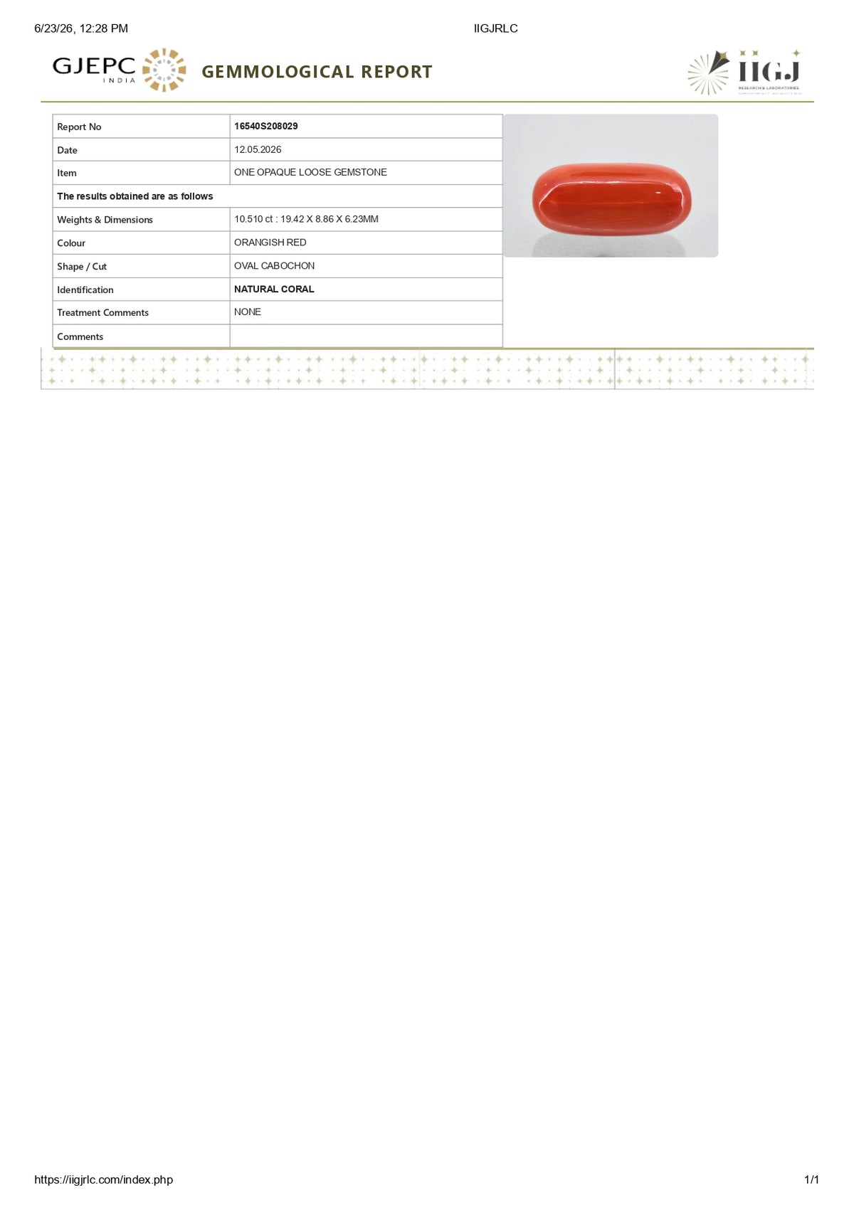 Italian Red Coral 10.51 Carats / 11.55 Ratti