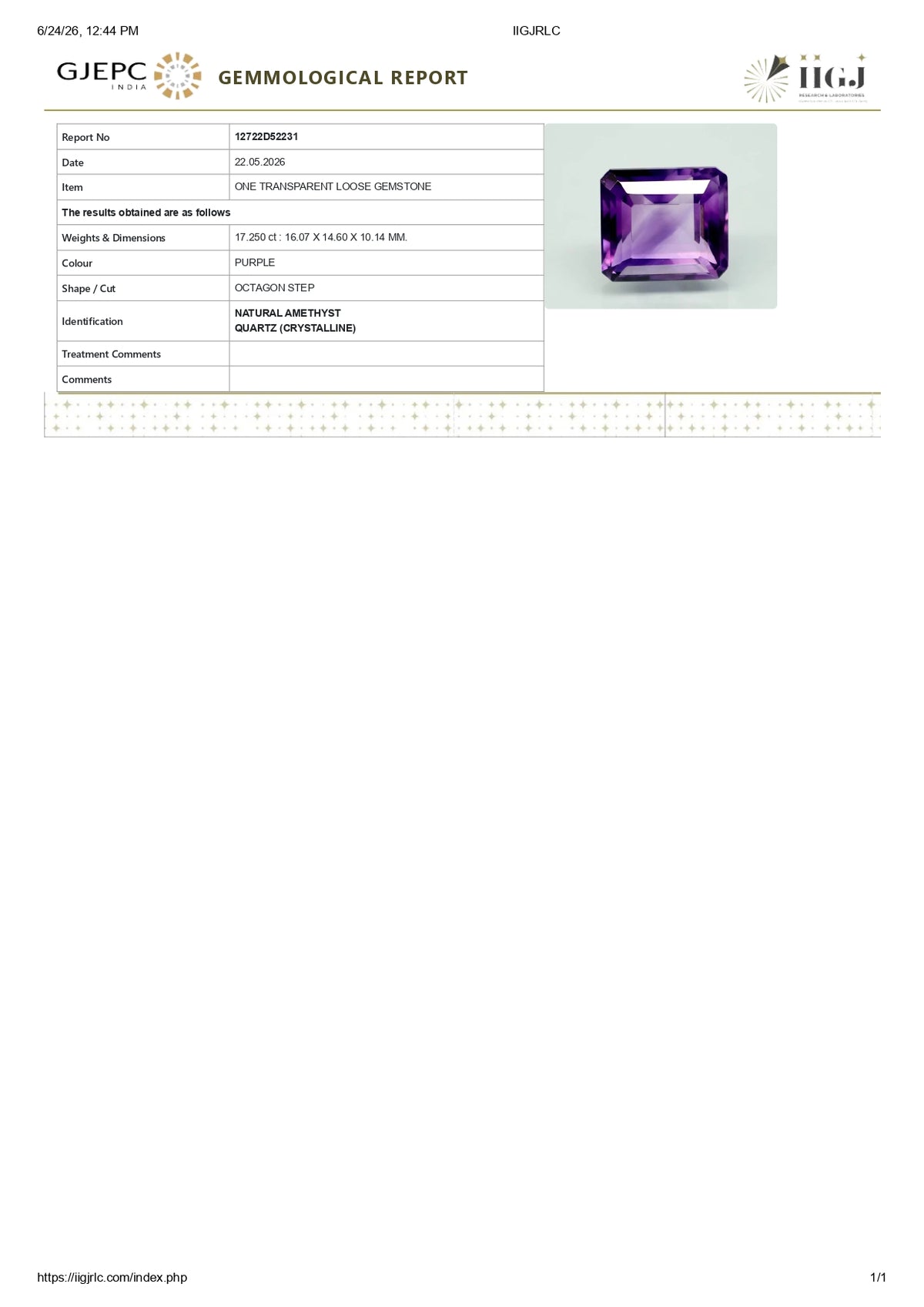 Natural Amethyst 17.25 Carats / 18.96 Ratti