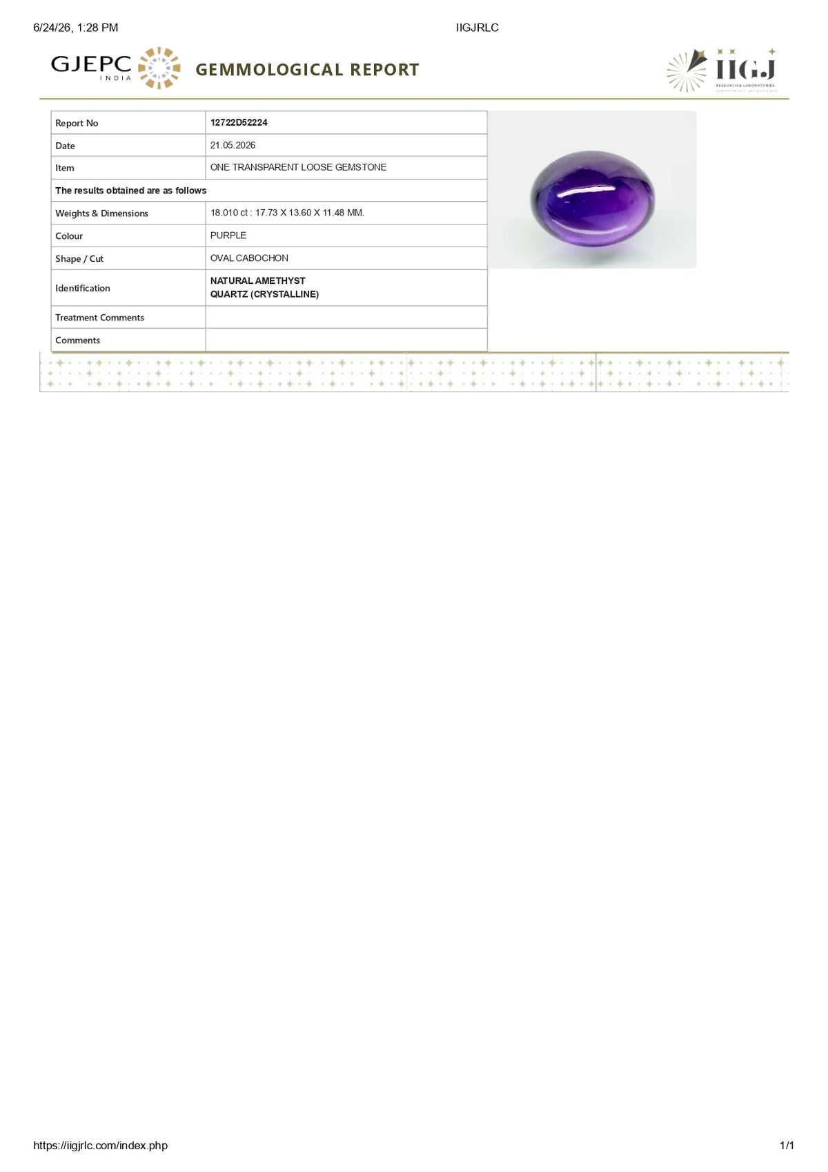 Natural Amethyst 18.01 Carats / 19.79 Ratti