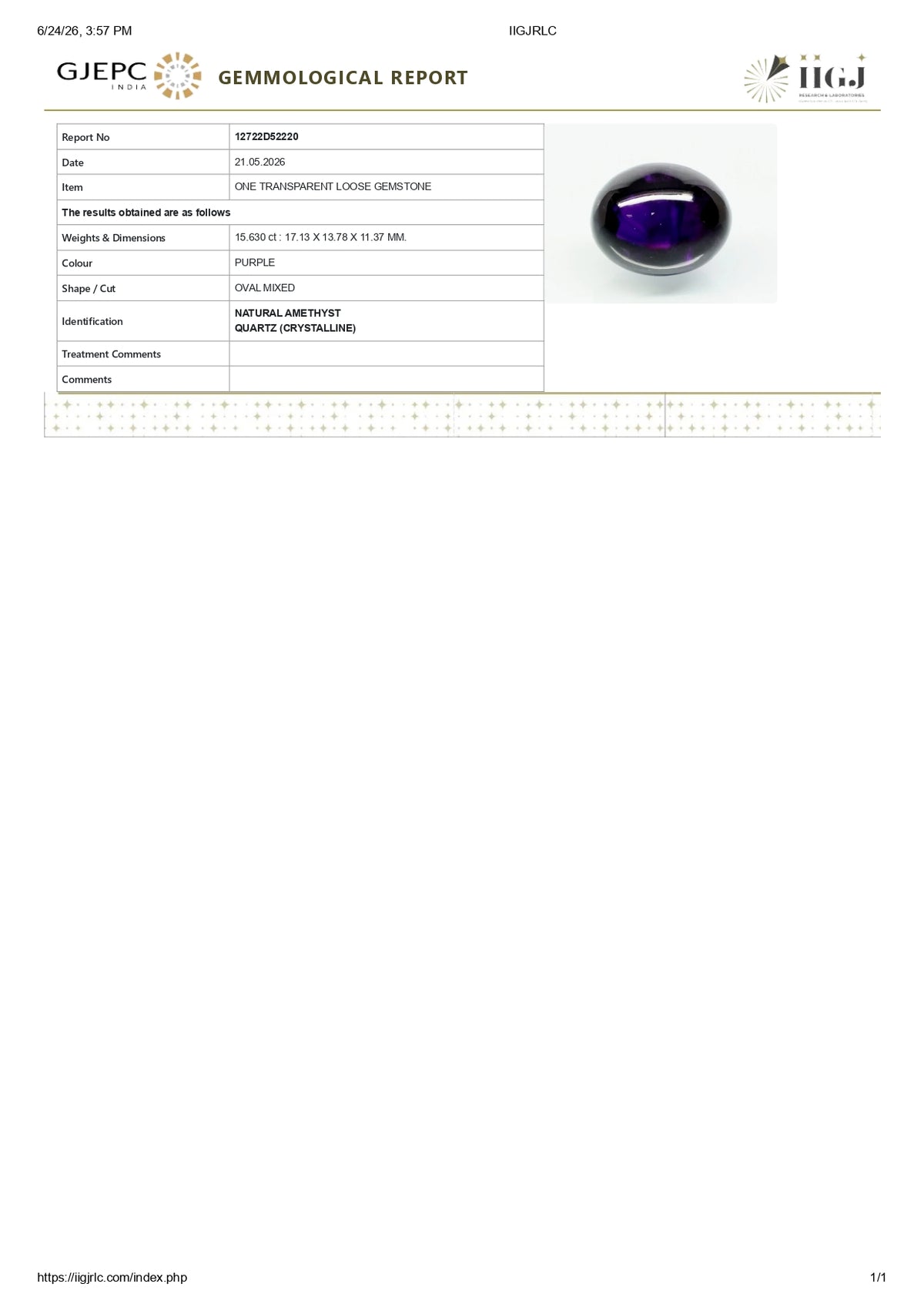 Natural Amethyst 15.63 Carats / 17.18 Ratti