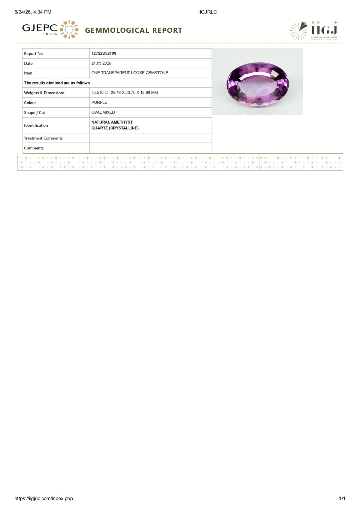 Natural Amethyst 45.51 Carats / 50.01 Ratti