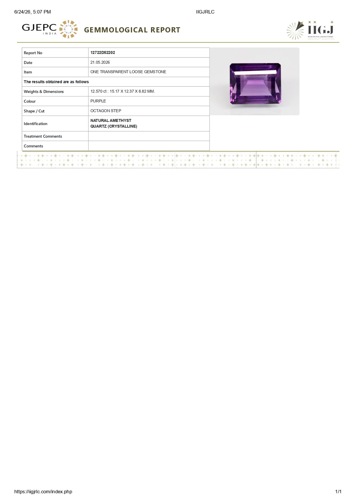 Natural Amethyst 12.57 Carats / 13.81 Ratti