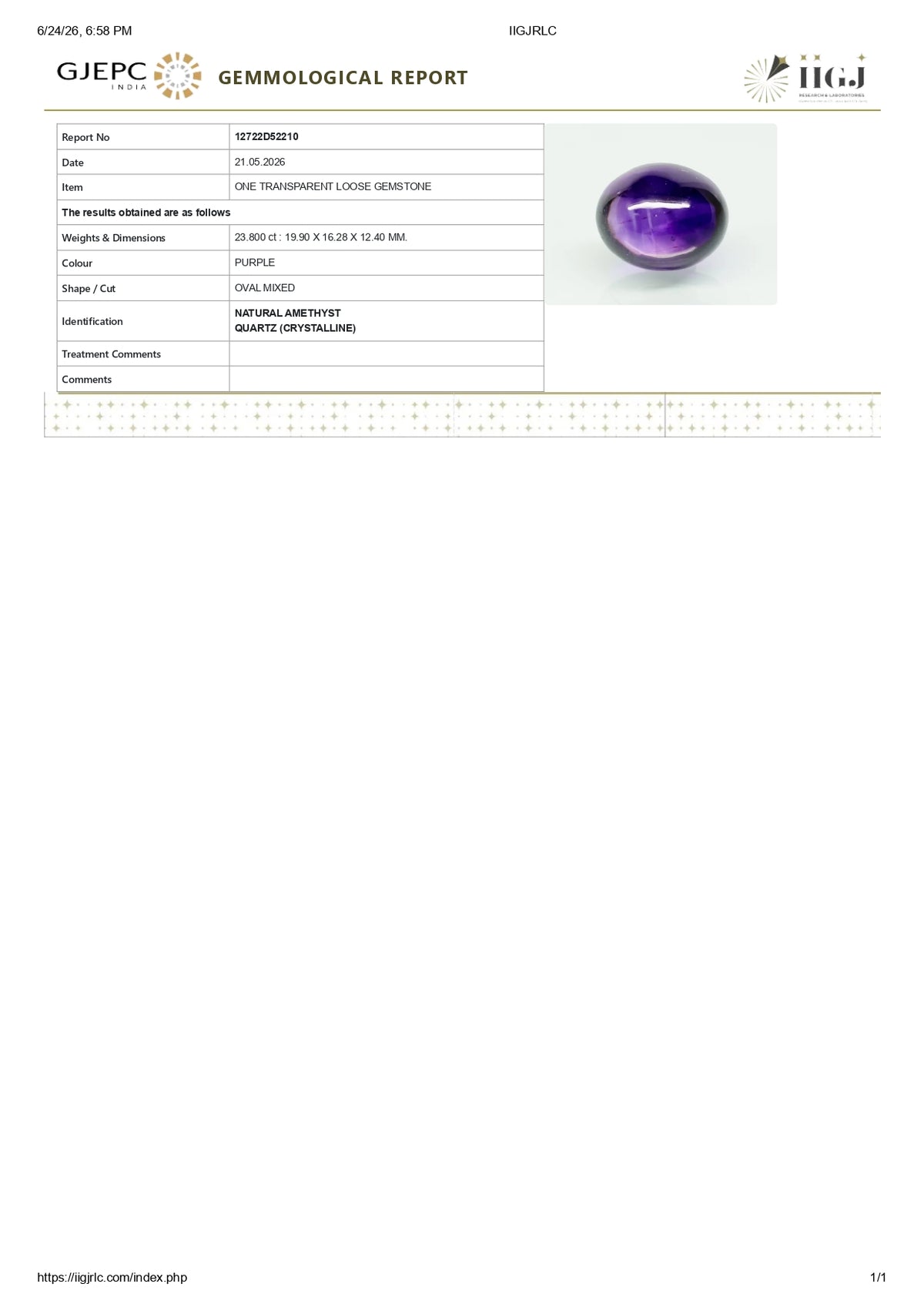 Natural Amethyst 23.80 Carats / 26.15 Ratti