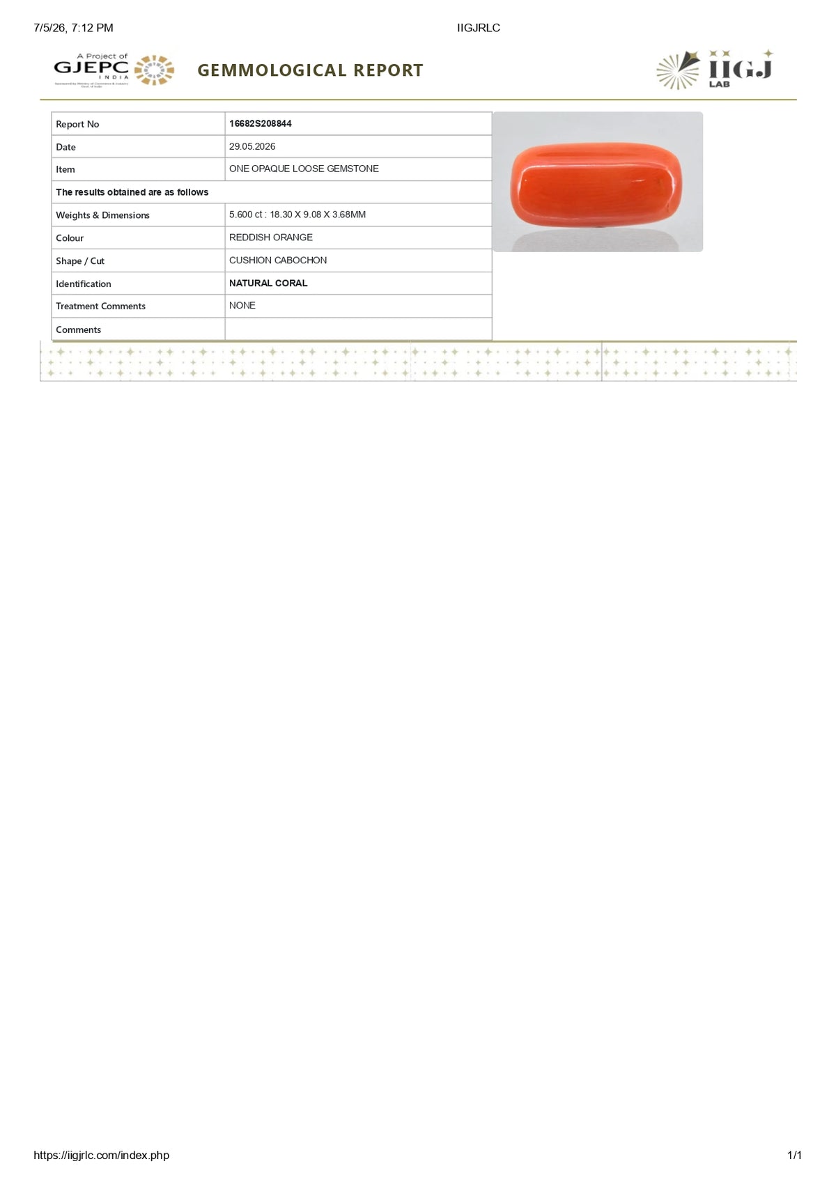 Italian Red Coral 5.60 Carats / 6.15 Ratti