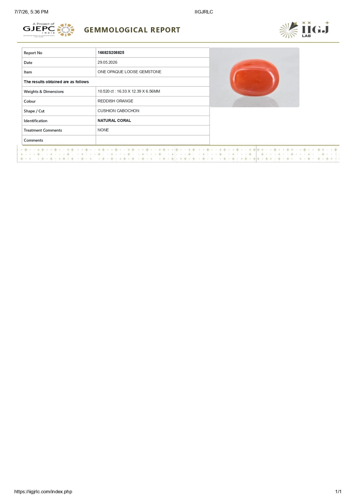 Italian Red Coral 10.52 Carats / 11.56 Ratti