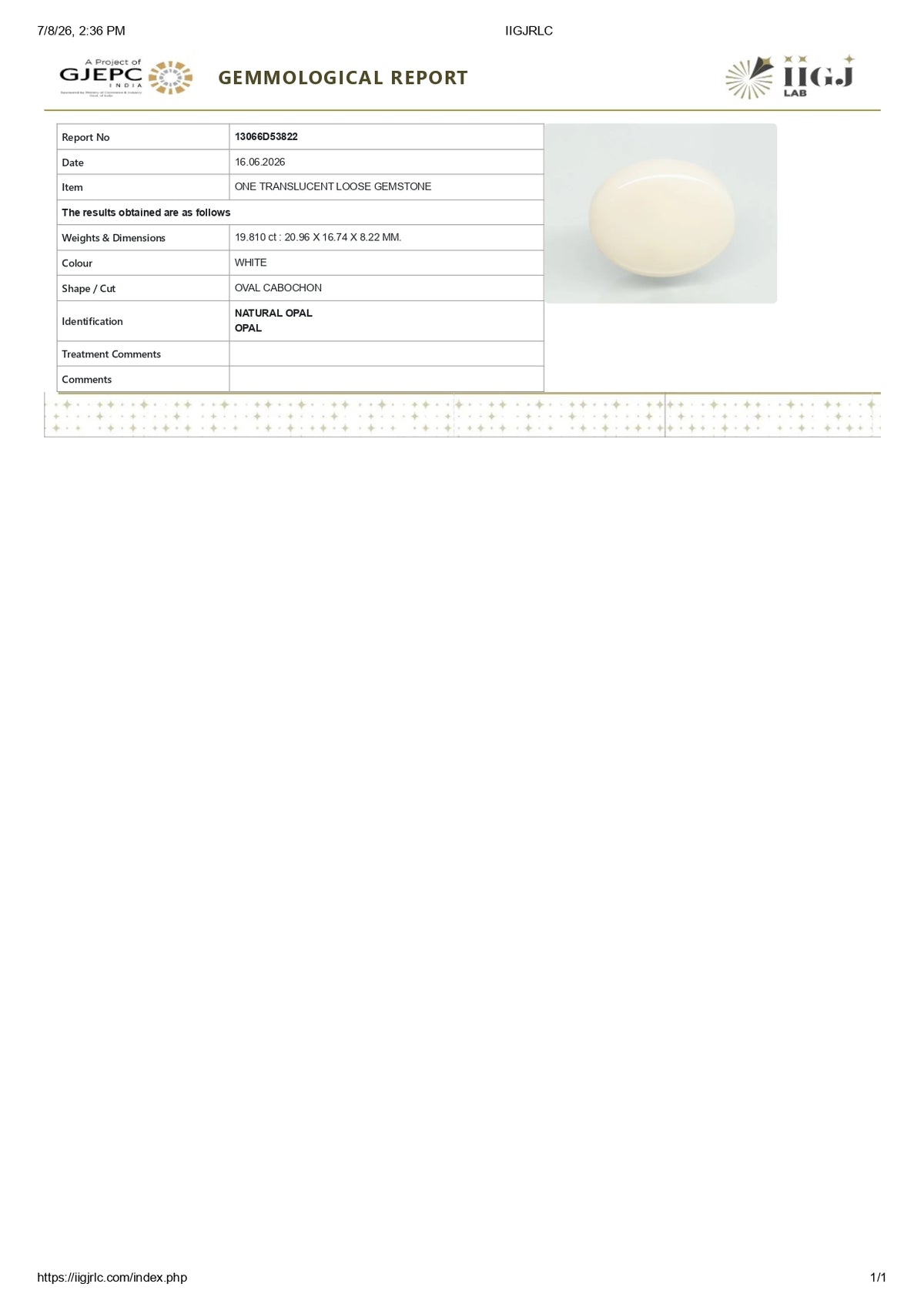 White Opal With Fire 19.81 Carats / 21.77 Ratti