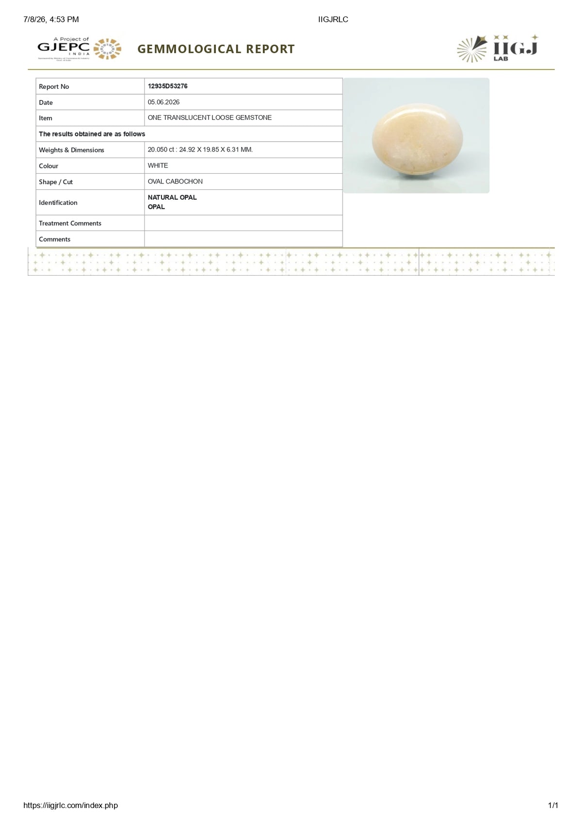 White Opal With Fire 20.05 Carats / 22.03 Ratti