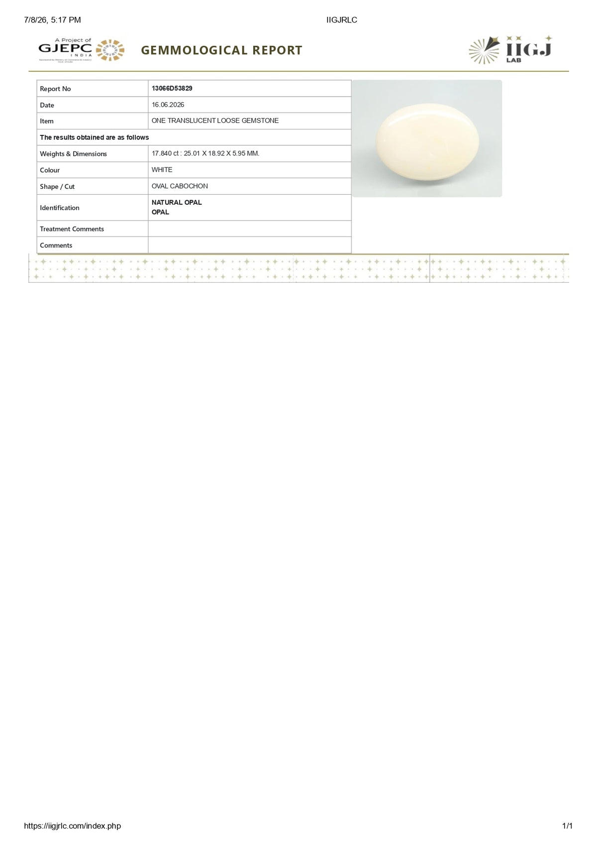 White Opal With Fire 17.84 Carats / 19.6 Ratti