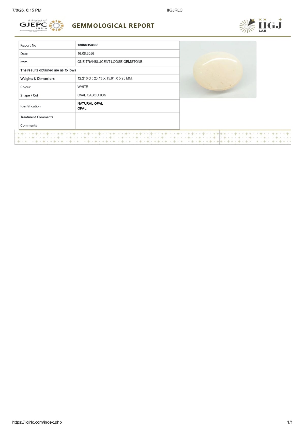 White Opal With Fire 12.21 Carats / 13.42 Ratti
