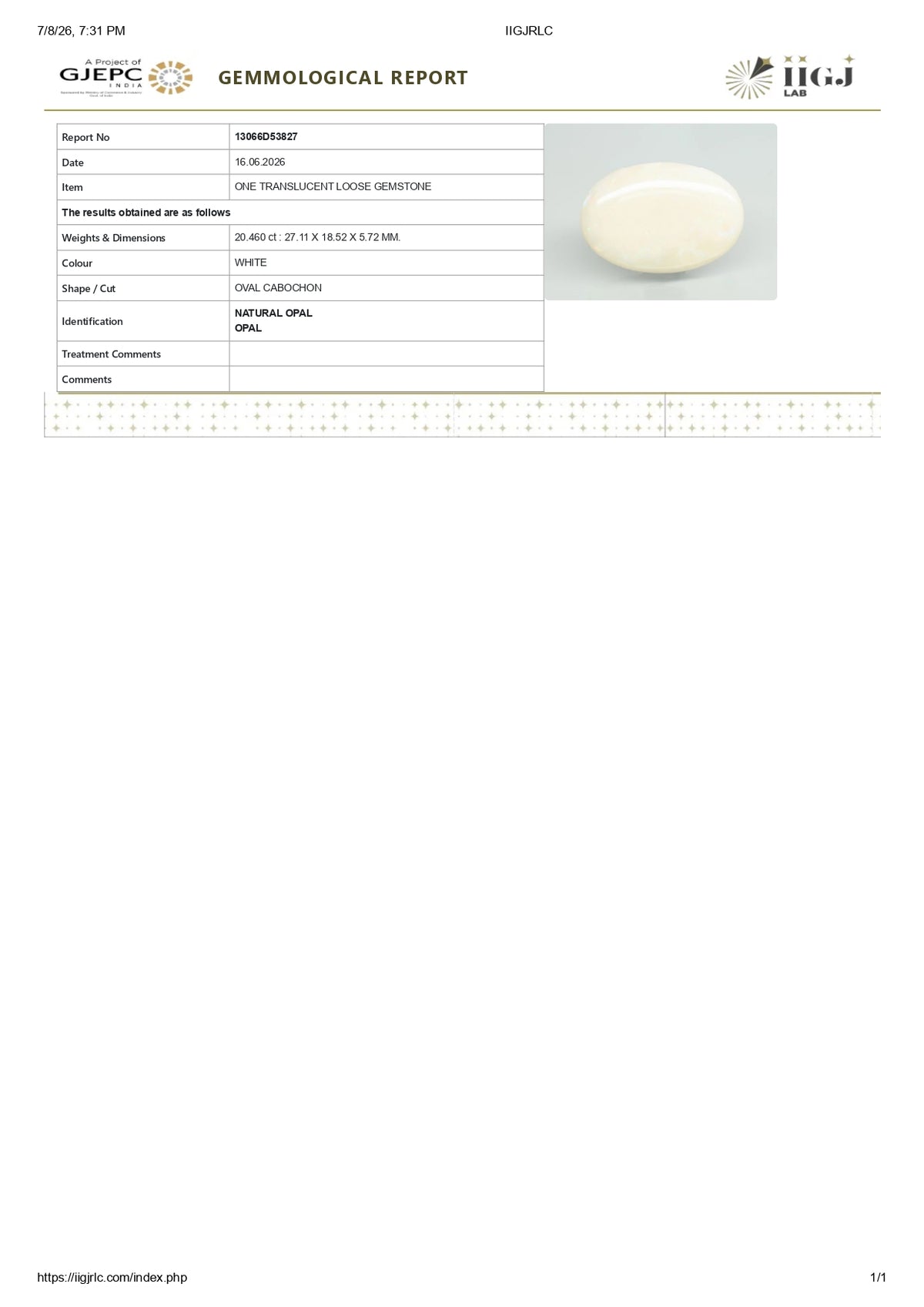 White Opal With Fire 20.46 Carats / 22.48 Ratti