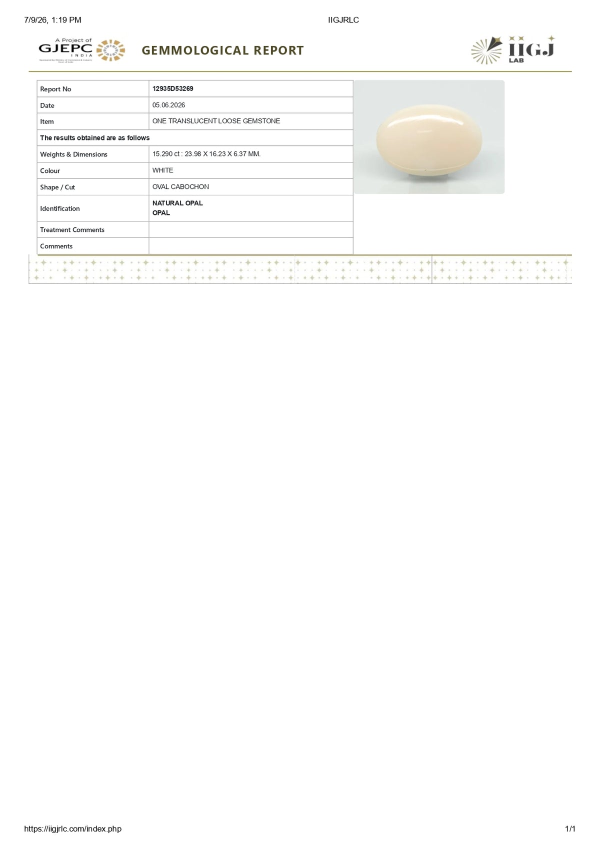 White Opal With Fire 15.29 Carats / 16.8 Ratti