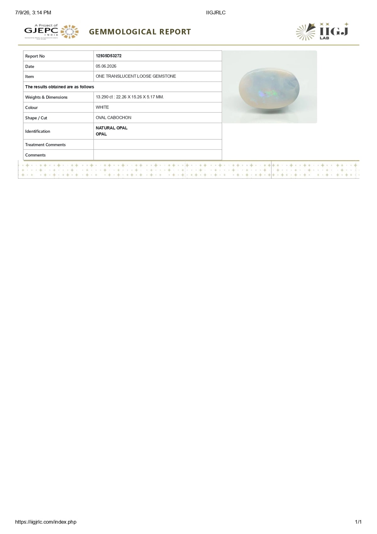 White Opal With Fire 13.29 Carats / 14.6 Ratti