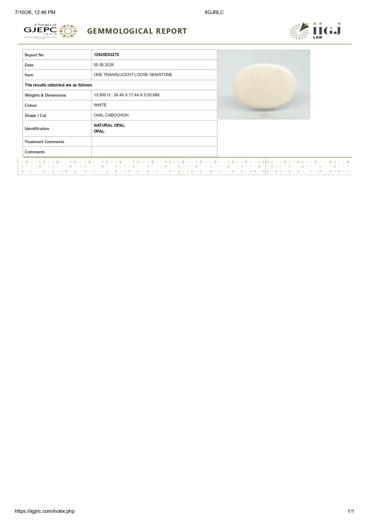 White Opal With Fire 13.69 Carats / 15.04 Ratti