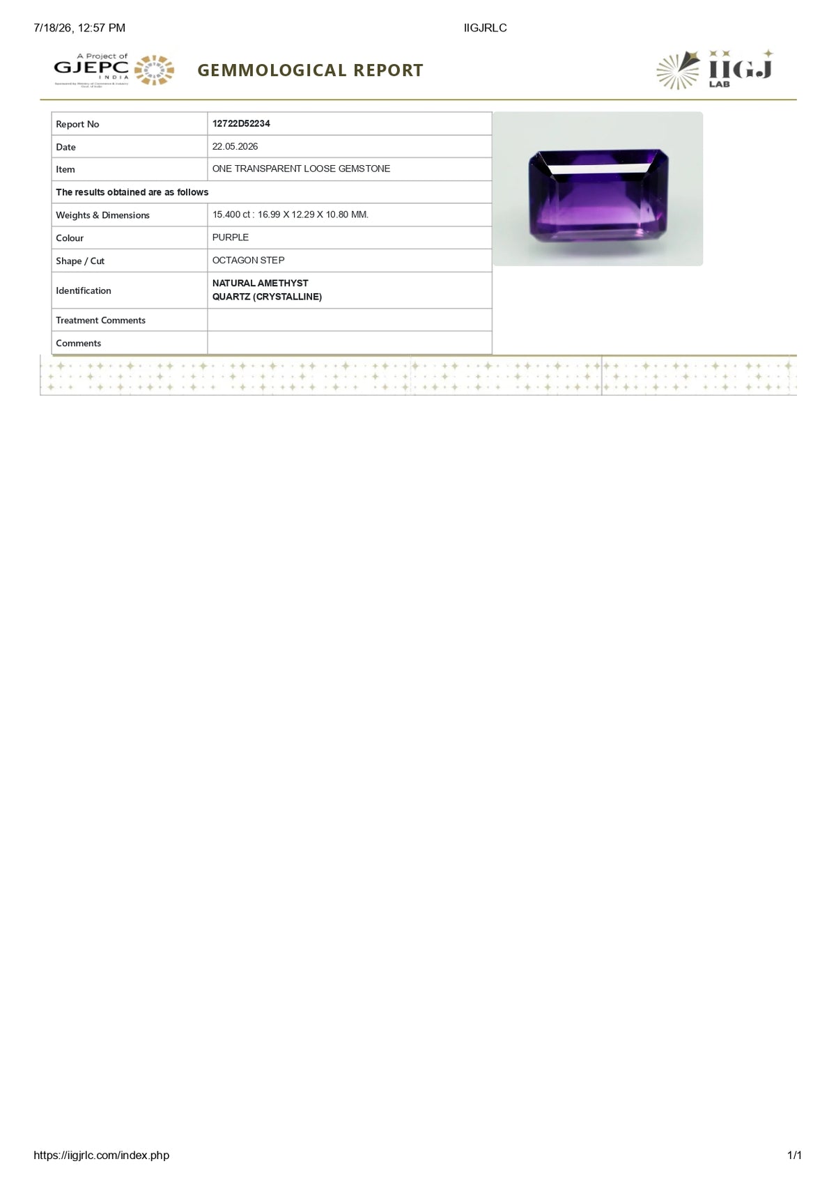 Natural Amethyst 15.40 Carats / 16.92 Ratti