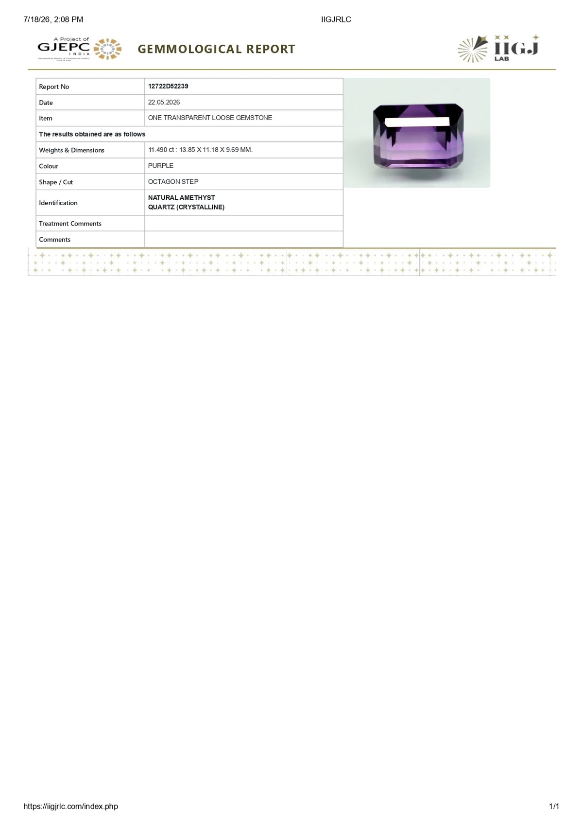 Natural Amethyst 11.49 Carats / 12.63 Ratti