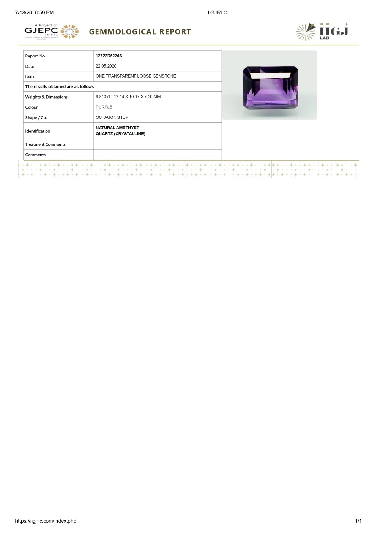 Natural Amethyst 6.81 Carats / 7.48 Ratti