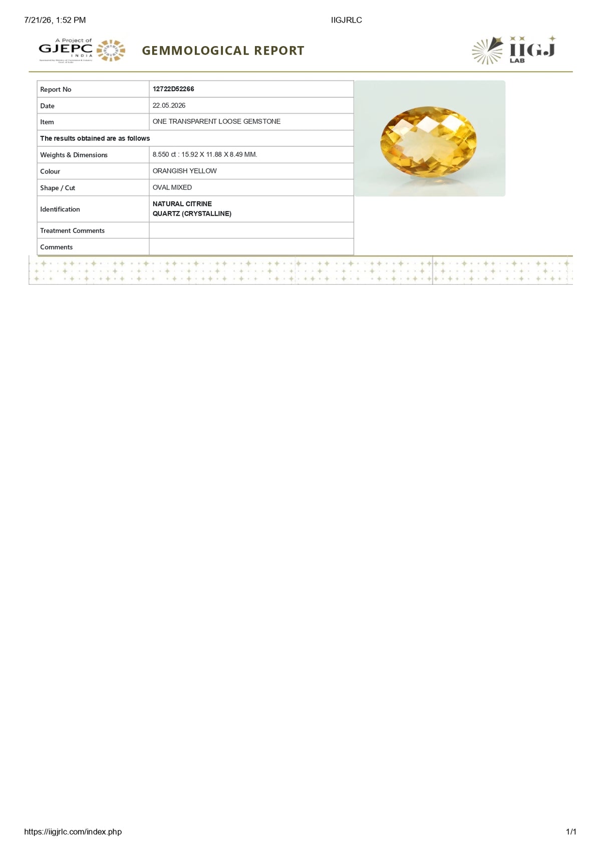 Citrine (Sunela) 8.55 Carats / 9.4 Ratti