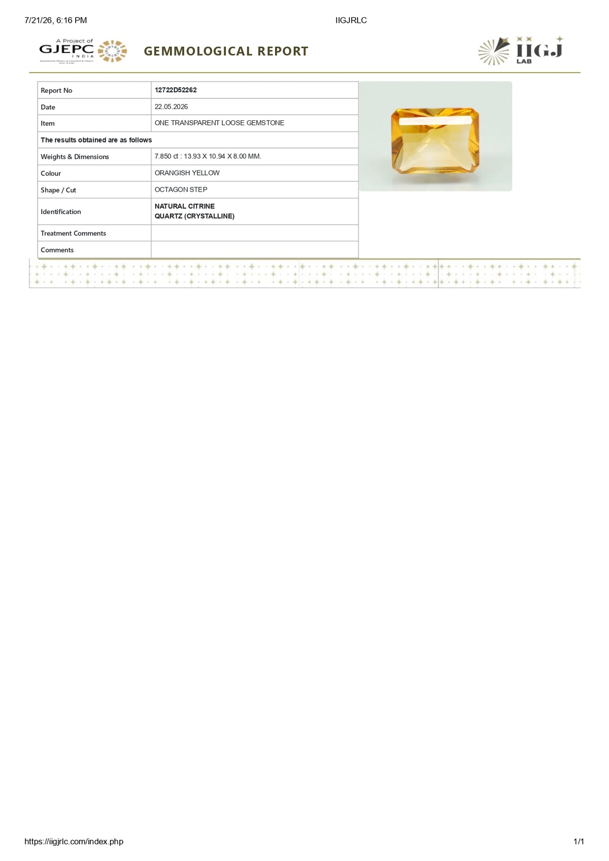 Citrine (Sunela) 7.85 Carats / 8.63 Ratti