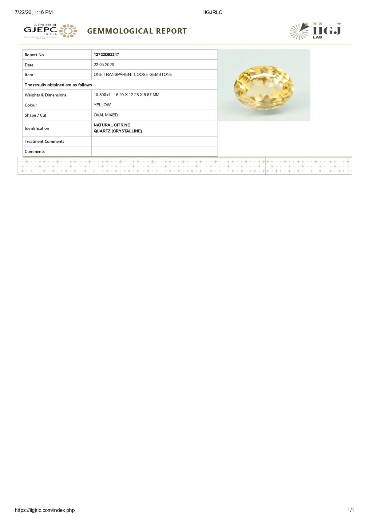 Citrine (Sunela) 10.80 Carats / 11.87 Ratti
