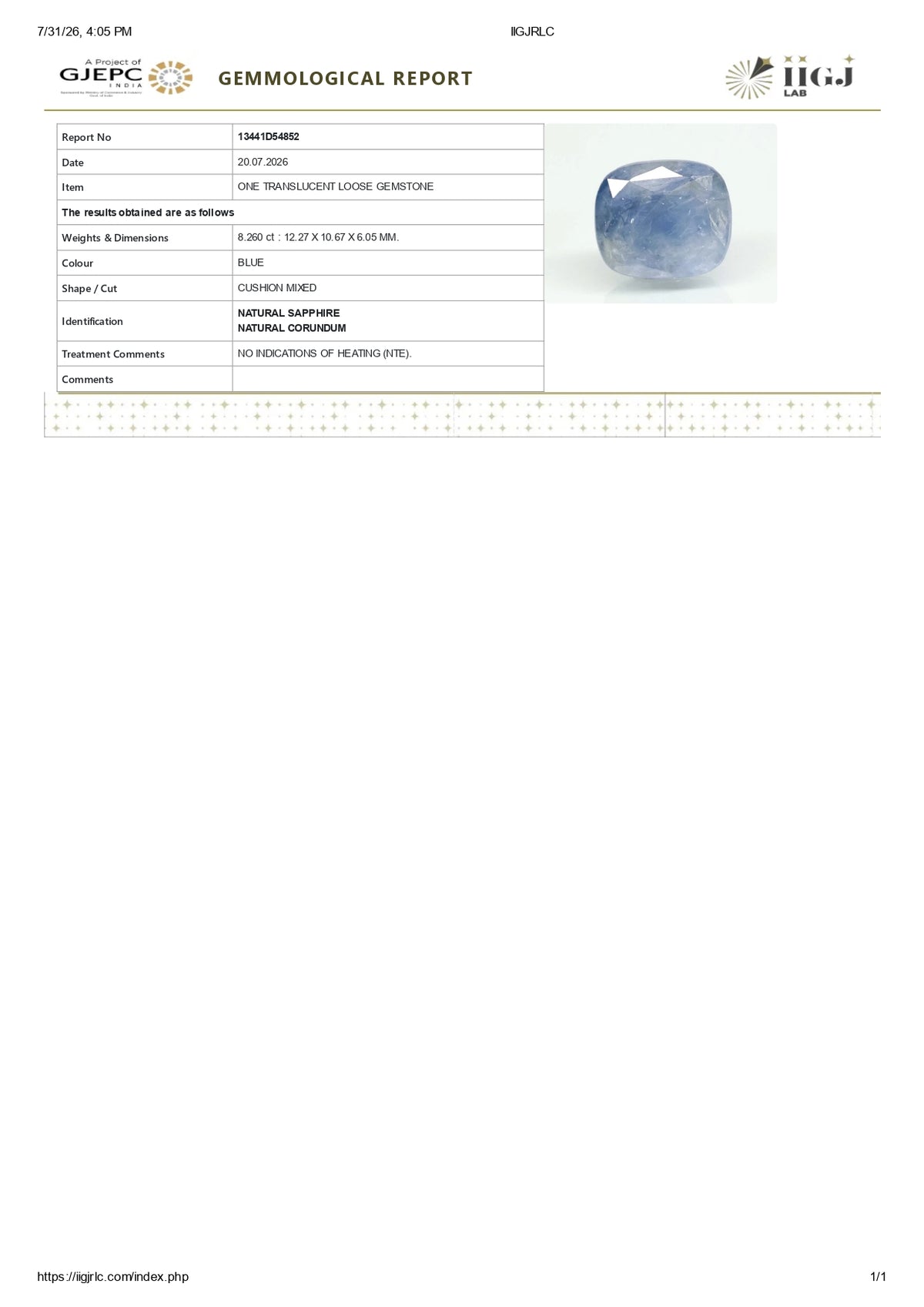 Natural Blue Sapphire 8.26 Carats / 9.08 Ratti