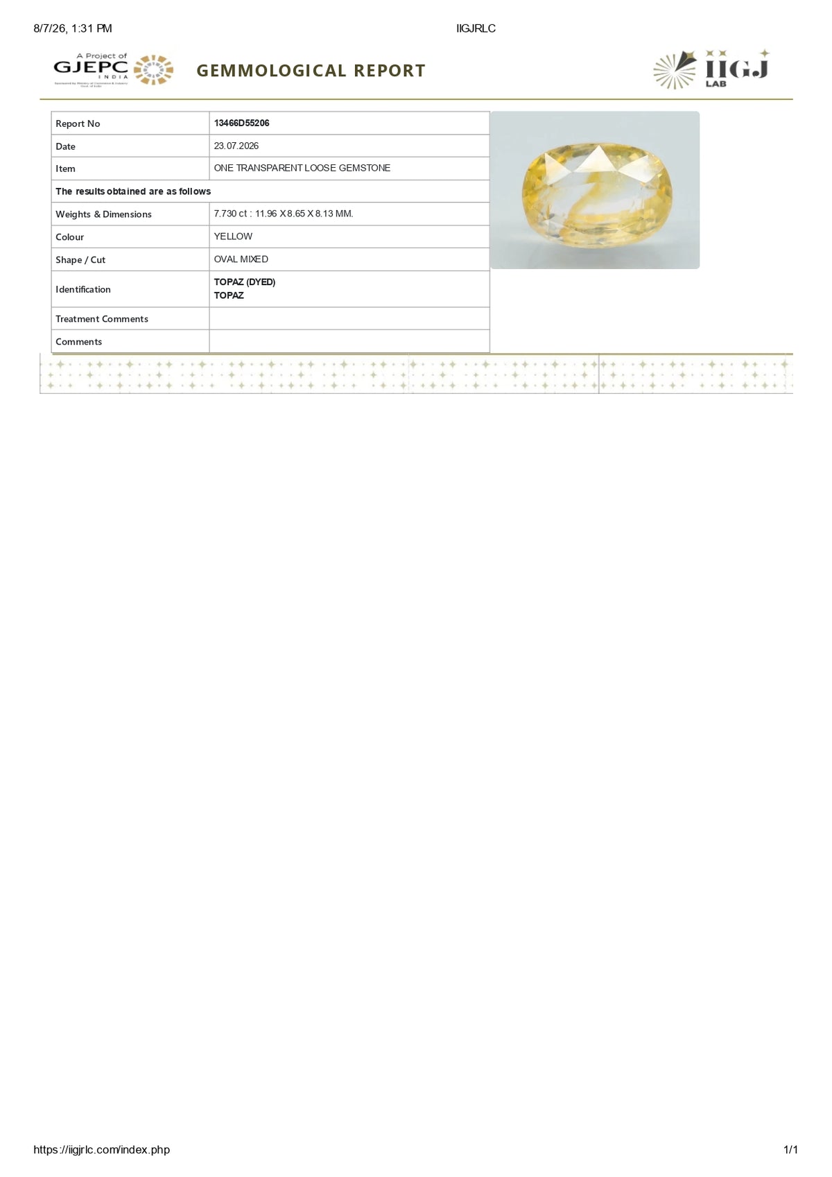 YELLOW TOPAZ 7.73 CARATS / 8.49 Ratti