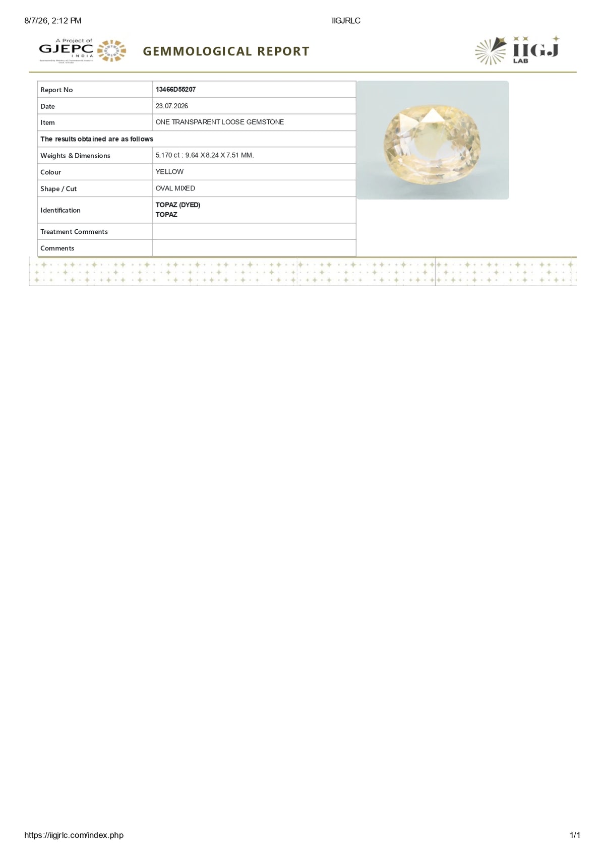 YELLOW TOPAZ 5.17 CARATS / 5.68 Ratti