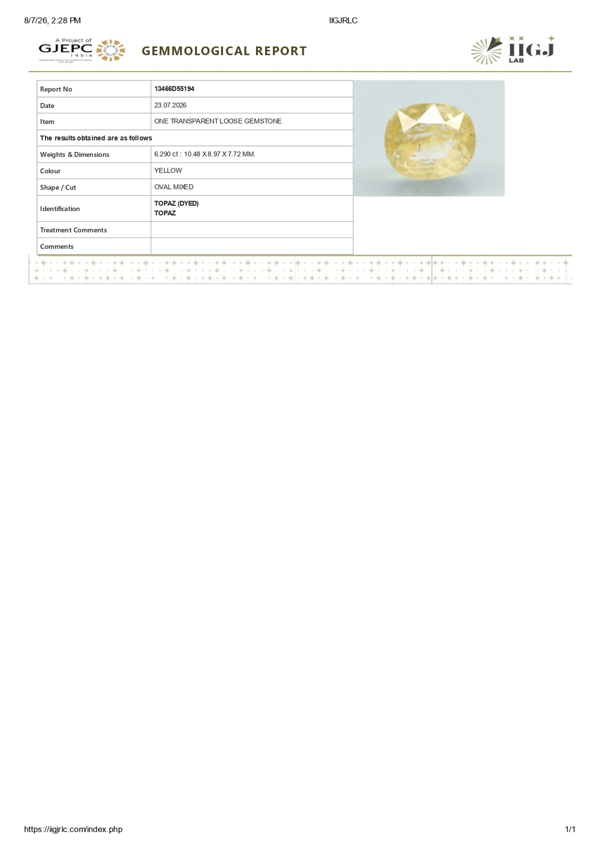 YELLOW TOPAZ 6.29 CARATS / 6.91 Ratti