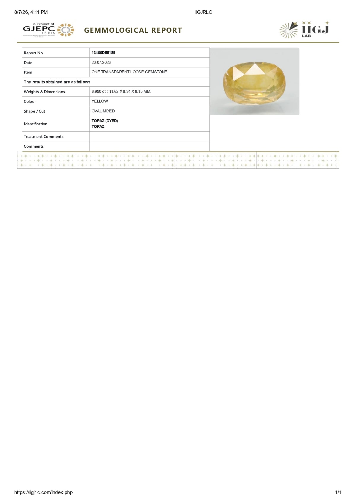 YELLOW TOPAZ 6.99 CARATS / 7.68 Ratti
