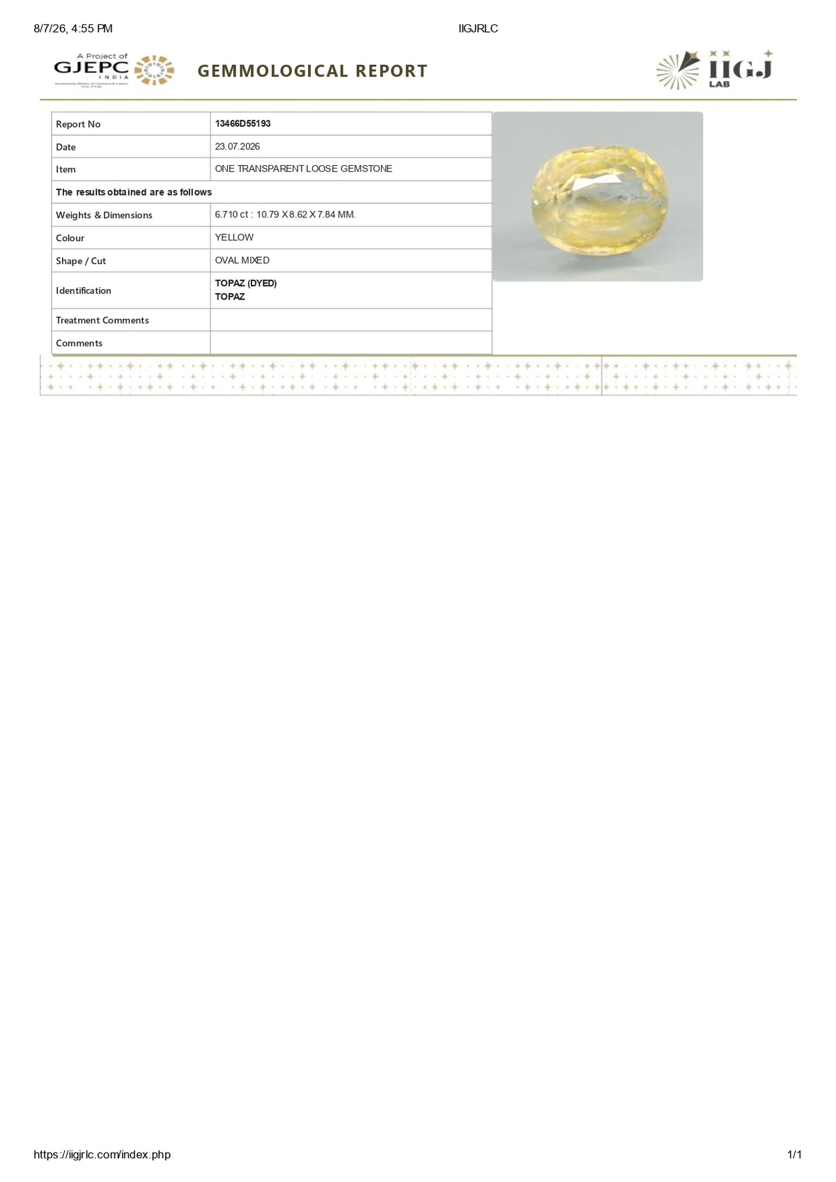 YELLOW TOPAZ 6.71 CARATS / 7.37 Ratti
