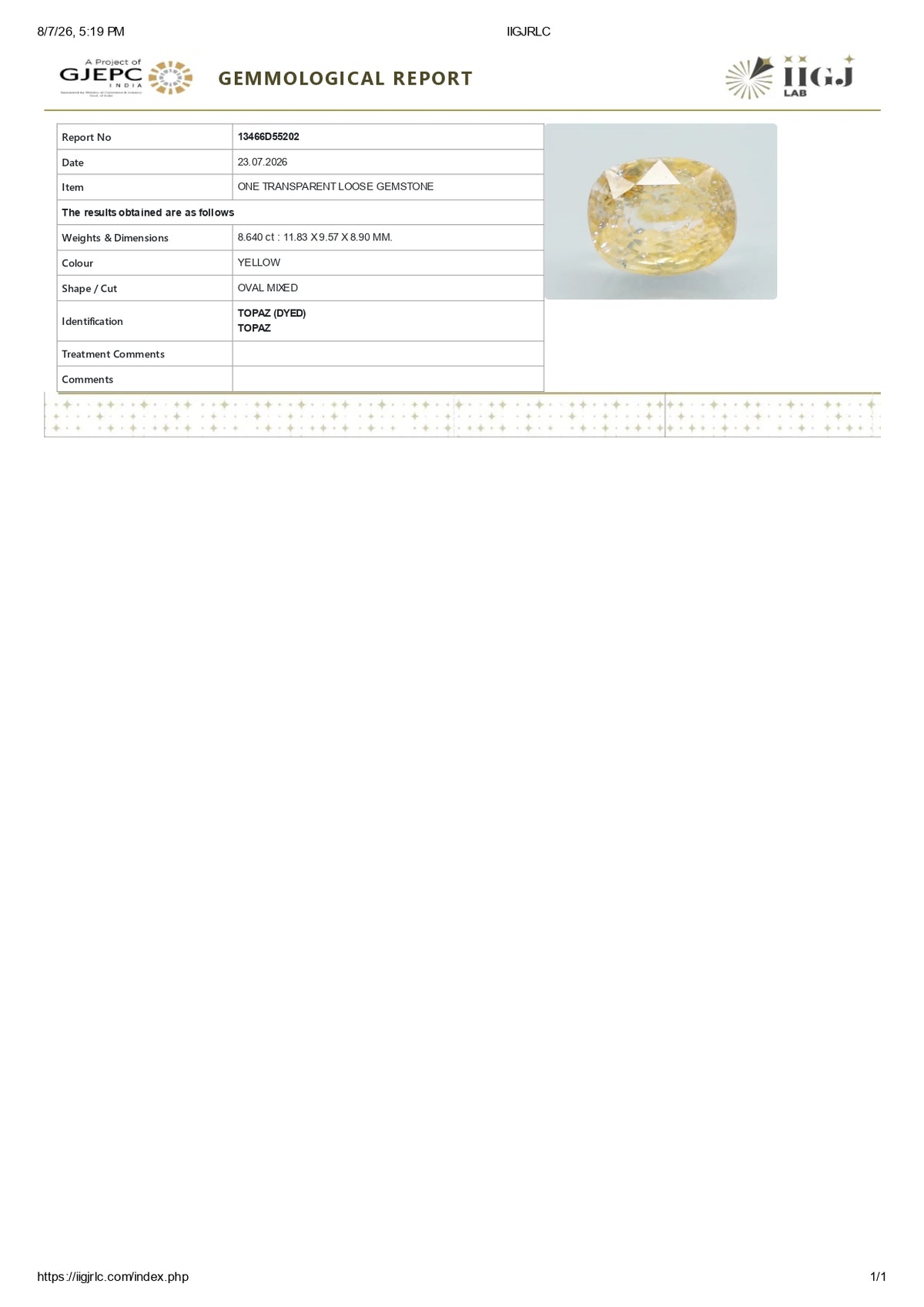 YELLOW TOPAZ 8.64 CARATS / 9.49 Ratti