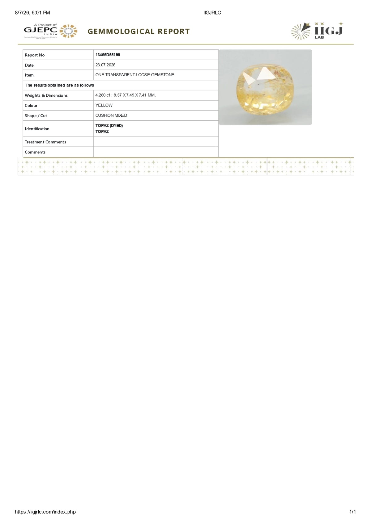 YELLOW TOPAZ 4.28 CARATS / 4.7 Ratti