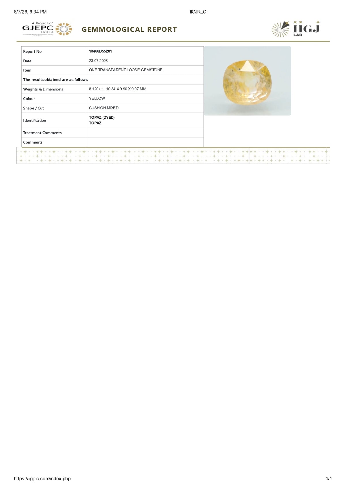YELLOW TOPAZ 8.12 CARATS / 8.92 Ratti