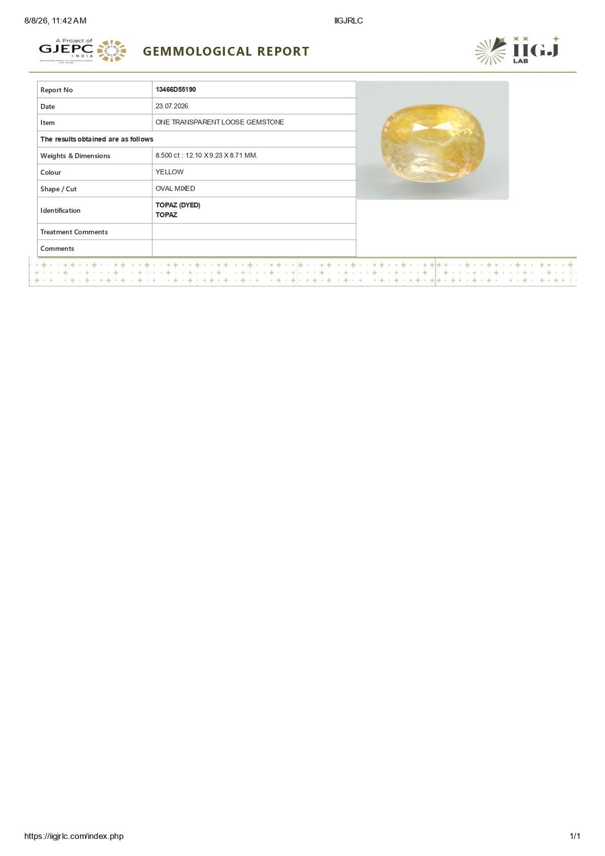 YELLOW TOPAZ 8.50 CARATS / 9.34 Ratti