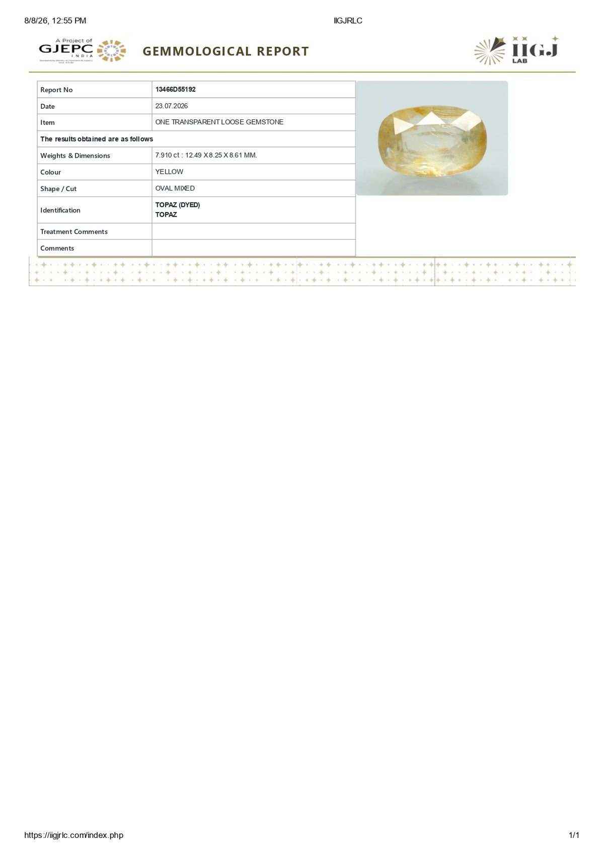 YELLOW TOPAZ 7.91 CARATS / 8.69 Ratti