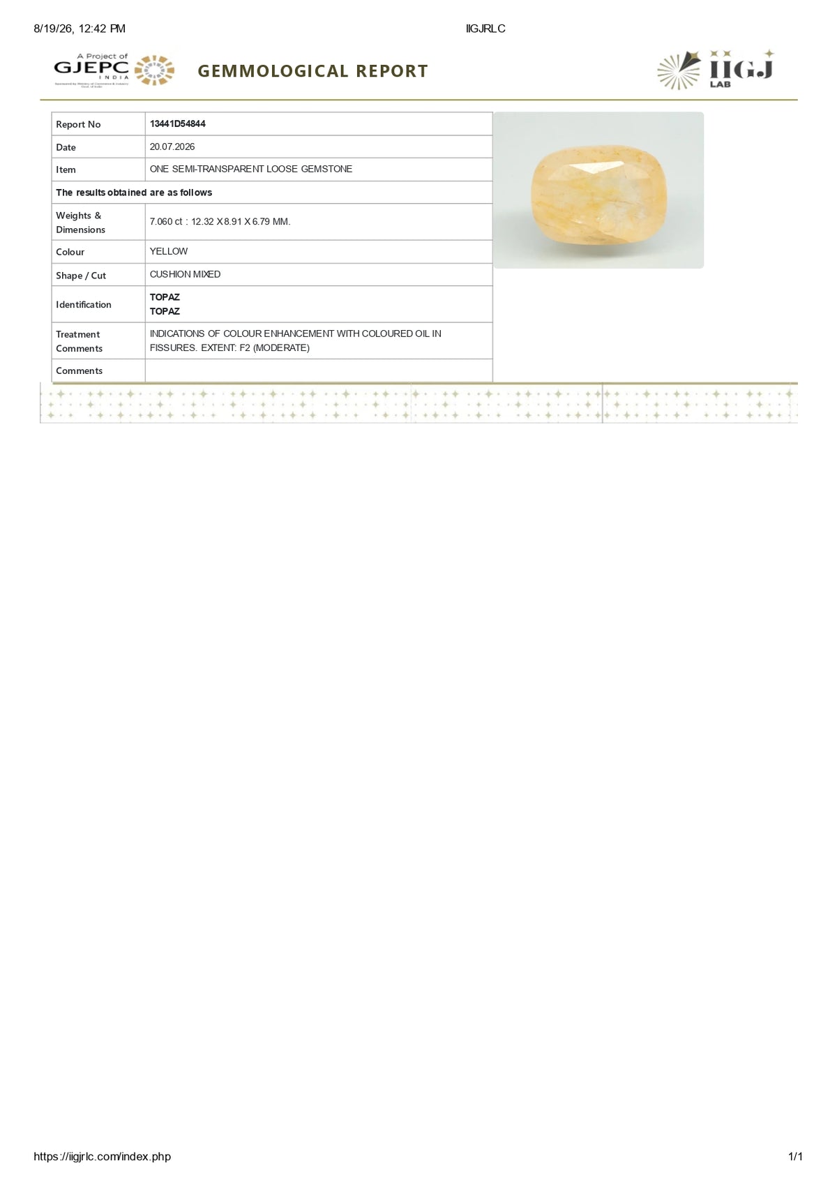 YELLOW TOPAZ 7.06 CARATS / 7.86 Ratti