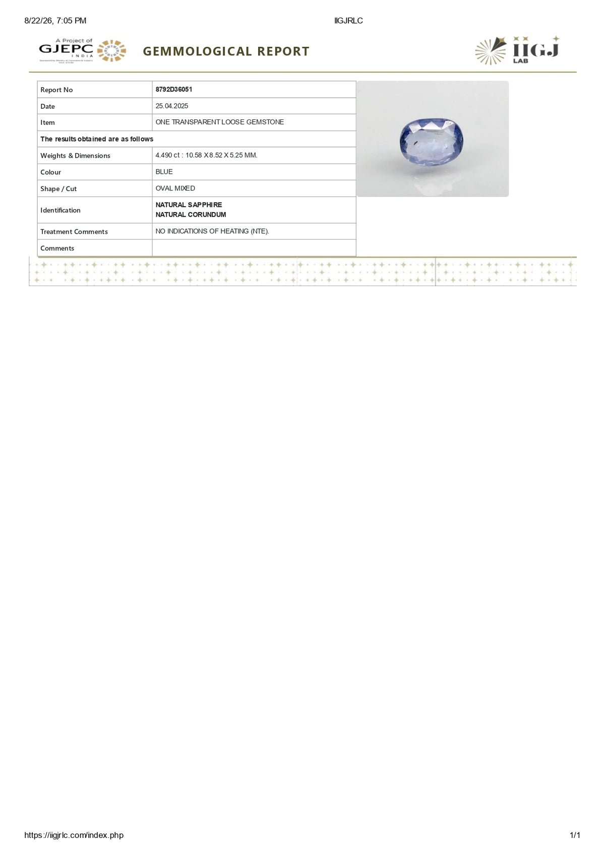 Natural Blue Sapphire 4.49 Carats / 4.93 Ratti