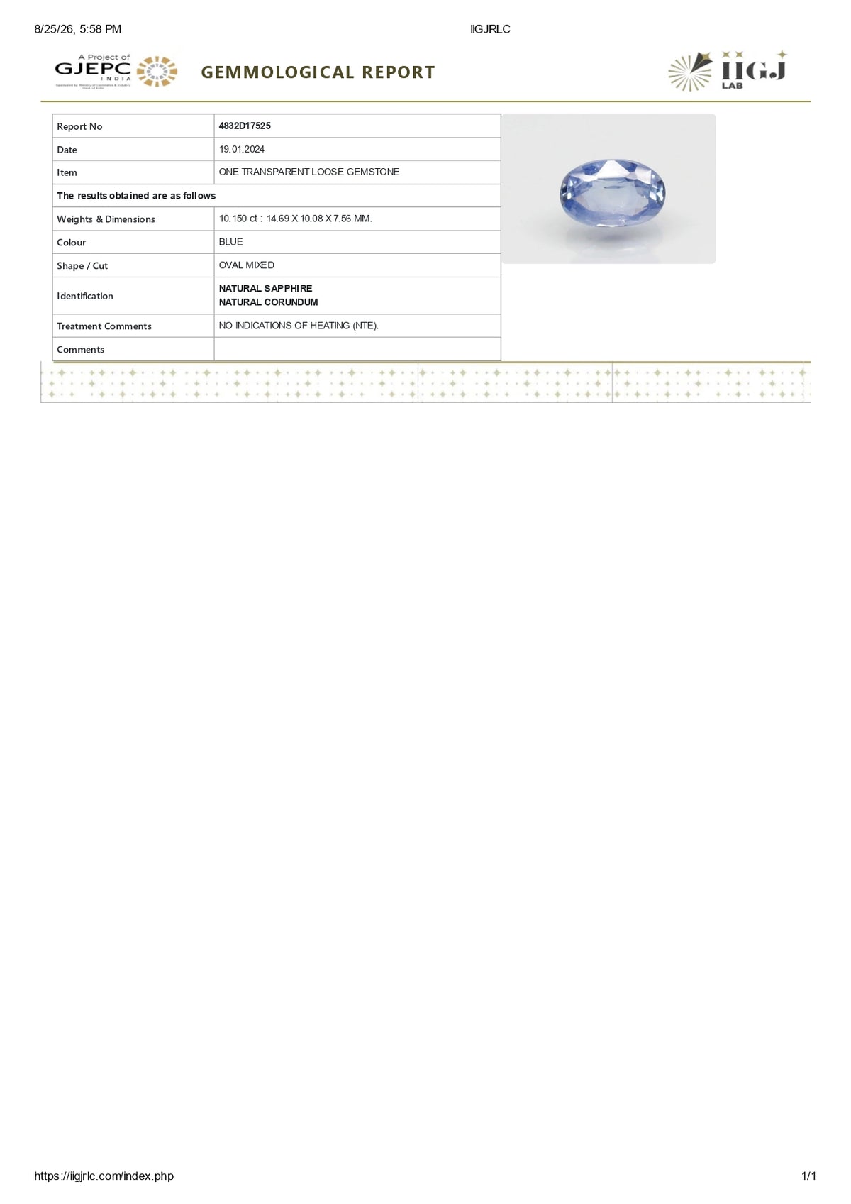 Natural Blue Sapphire 10.15 Carats / 11.15 Ratti