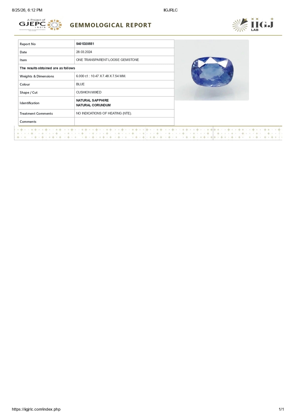 Natural Blue Sapphire 6.00 Carats / 6.59 Ratti