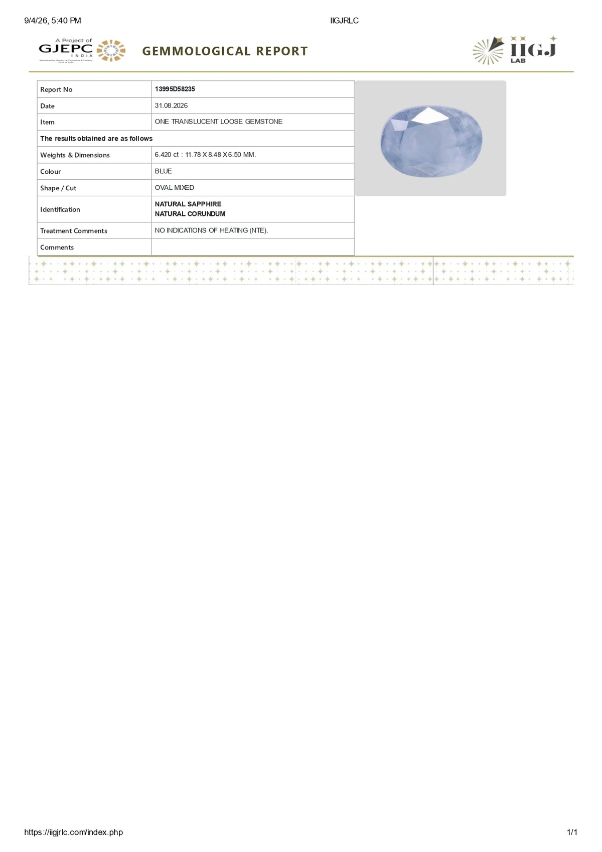 Natural Blue Sapphire 6.42 Carats / 7.05 Ratti