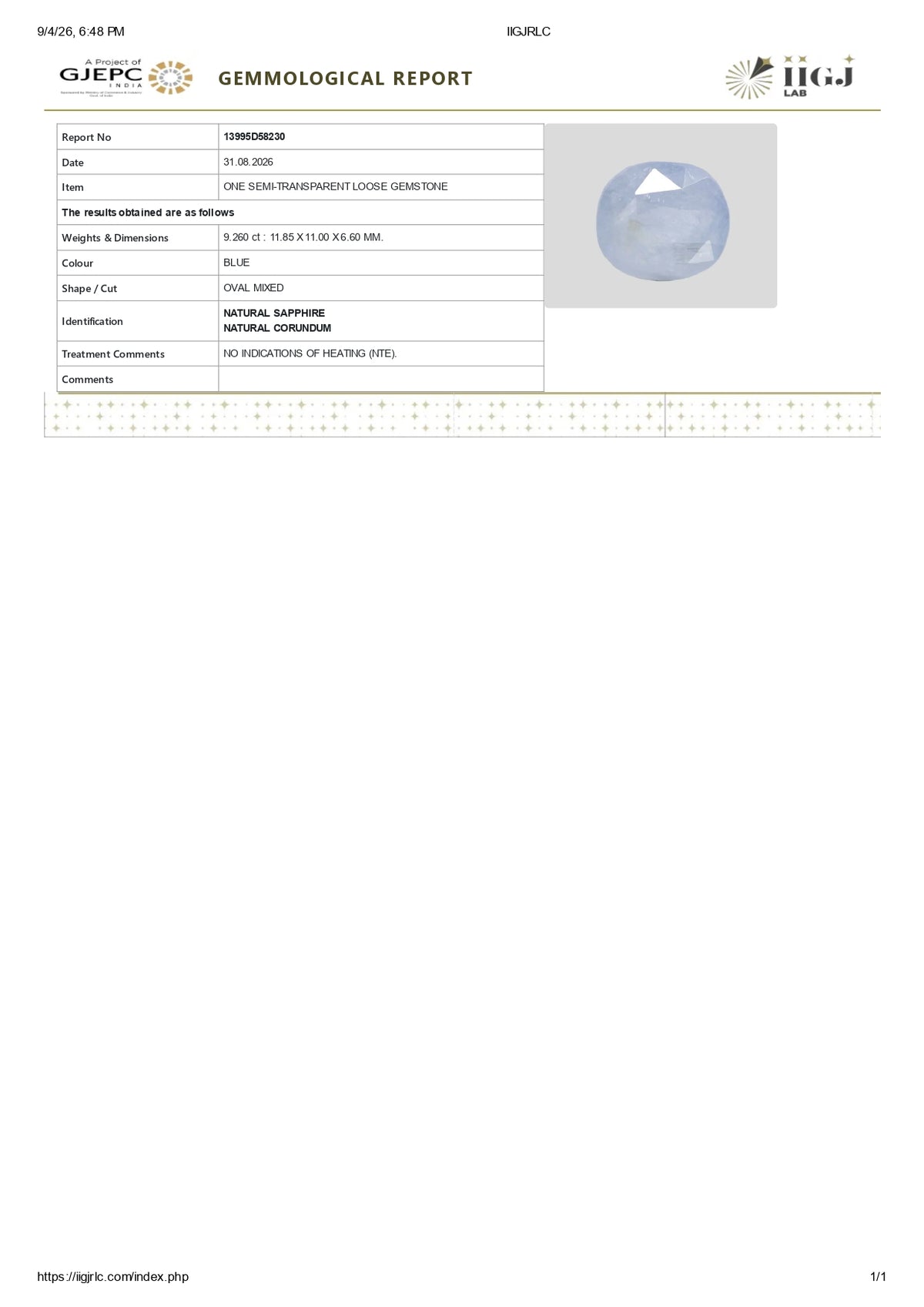 Natural Blue Sapphire 9.26 Carats / 10.18 Ratti