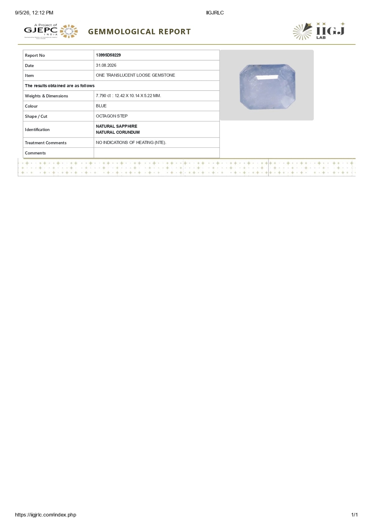 Natural Blue Sapphire 7.79 Carats / 8.56 Ratti