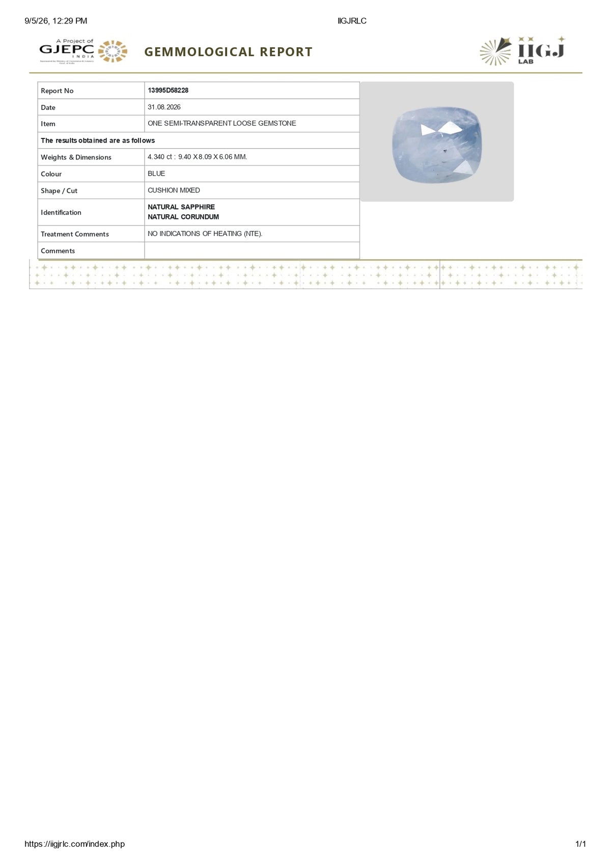 Natural Blue Sapphire 4.34 Carats / 4.77 Ratti