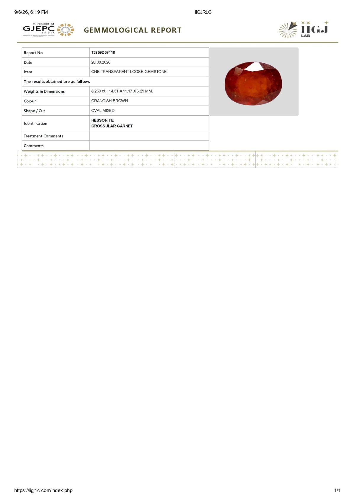 African Hessonite (Gomed) 8.26 Carats / 9.08 Ratti