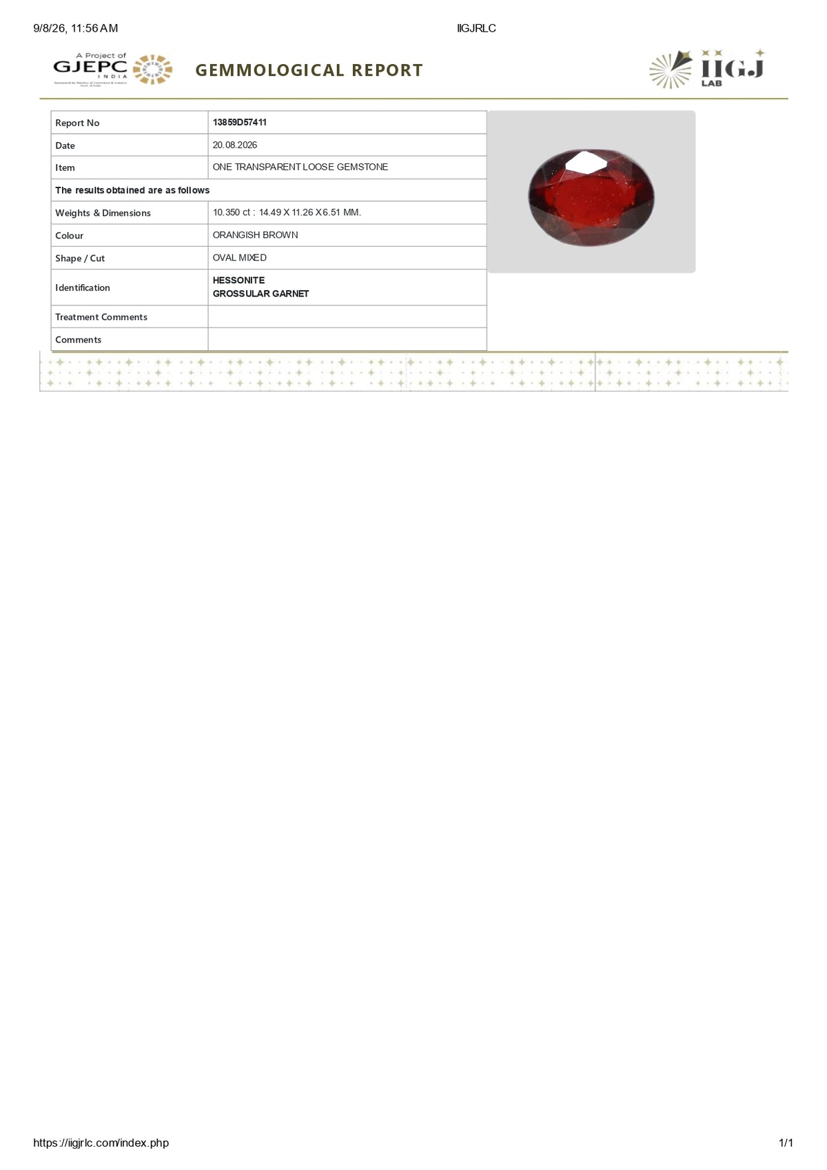 African Hessonite (Gomed) 10.35 Carats / 11.37 Ratti