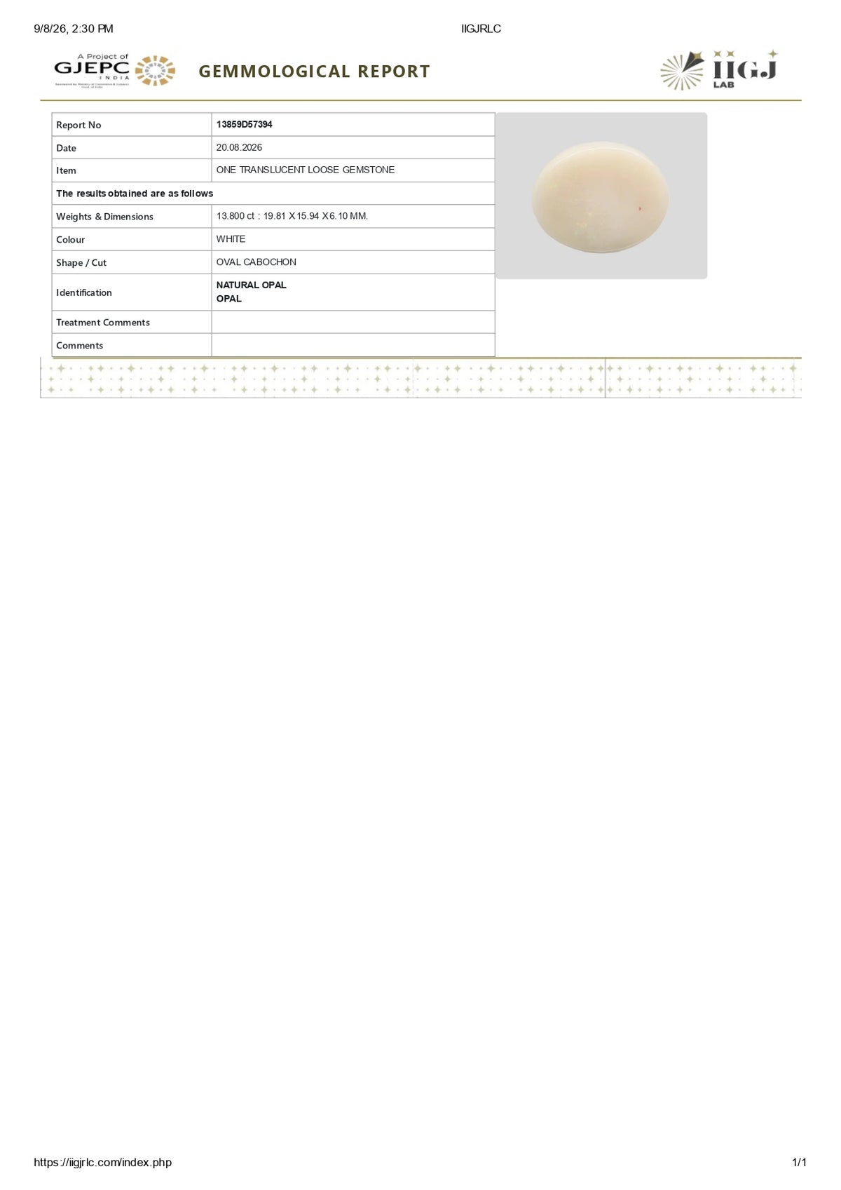 White Opal With Fire 13.80 Carats / 15.16 Ratti