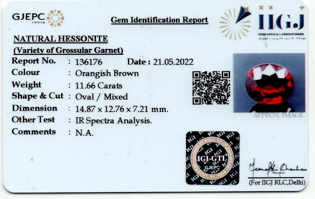 African Hessonite (Gomed) 11.66 Carats / 12.81 Ratti