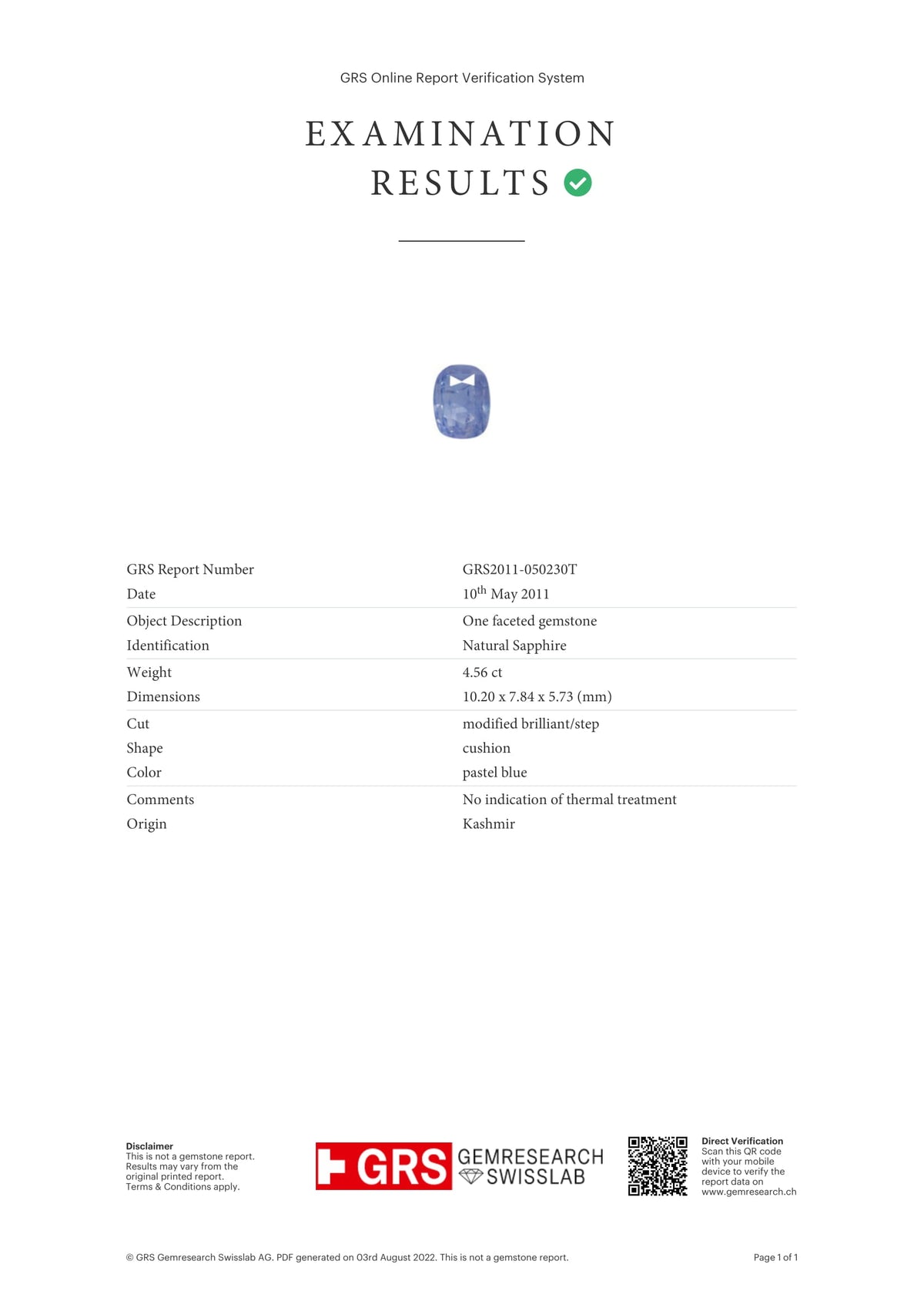 Kashmir Blue Sapphire (Neelam) 4.56 Carats / 5.01 Ratti